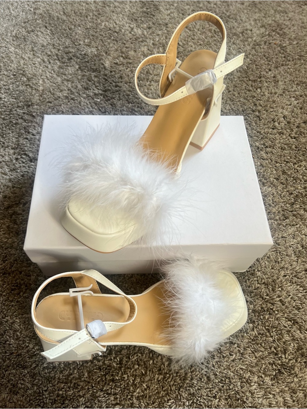 Feather Trim White Block Heel Sandals with Ankle Strap